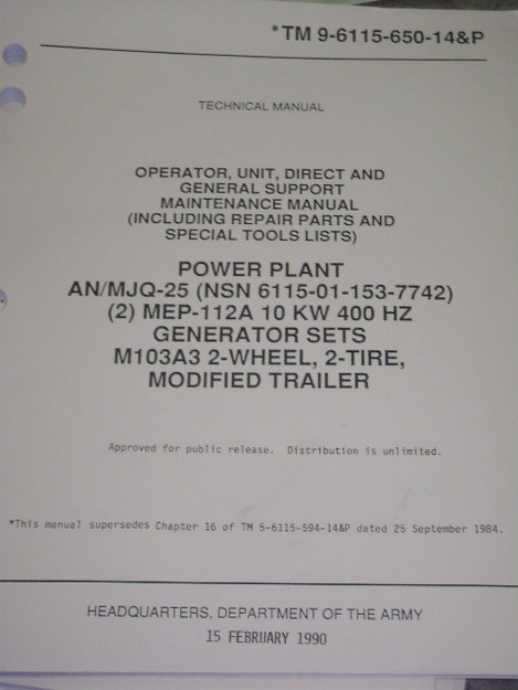 Power Plant AN/MJQ-25 Generator Set (M103A3) Technical Manual