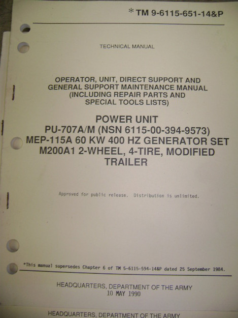 Power Unit PU-707A/M MEP-115A Generator Set (M200A1) Manual